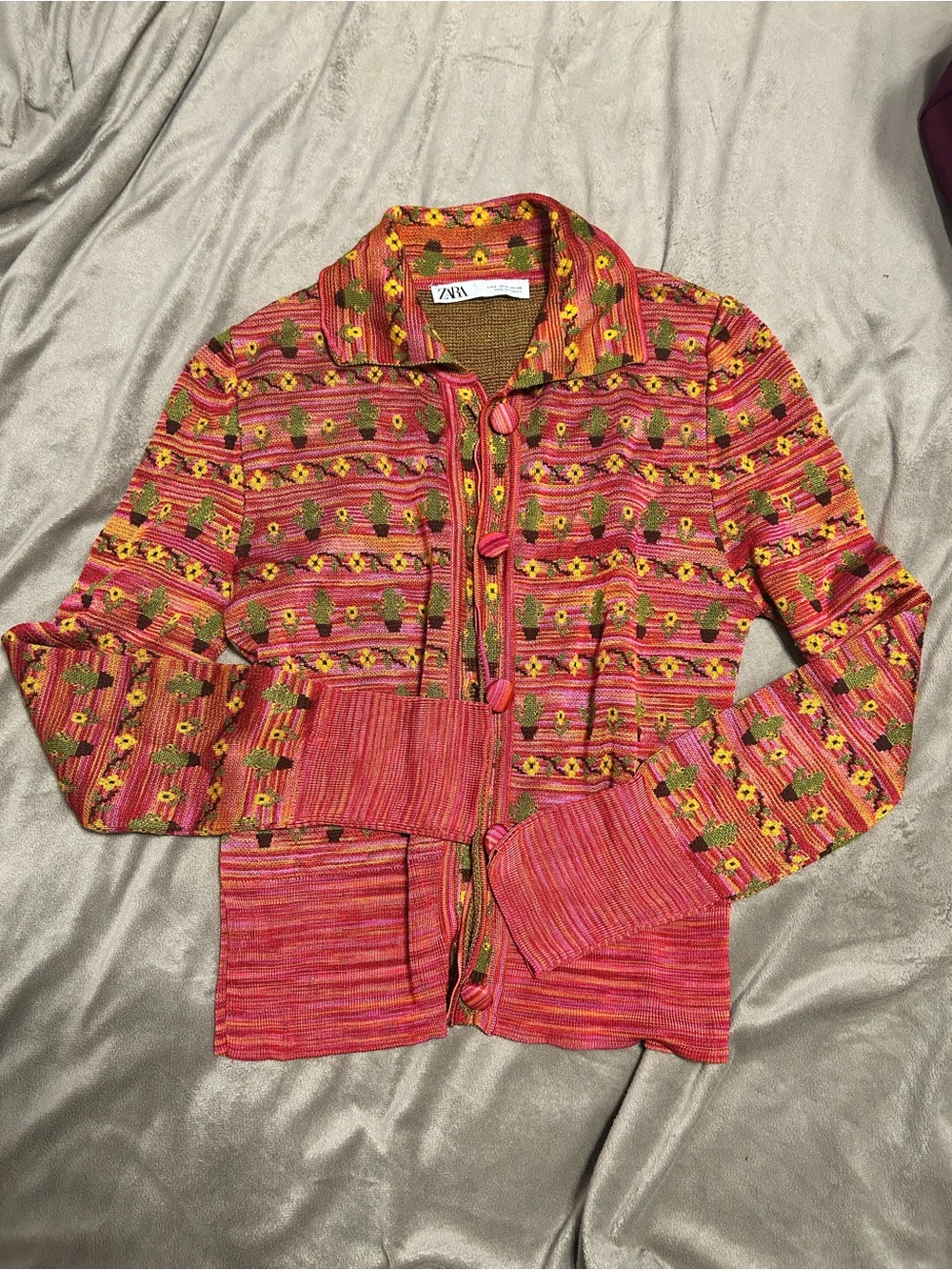 Zara Multicolor Pink Floral Knit Blazer Small